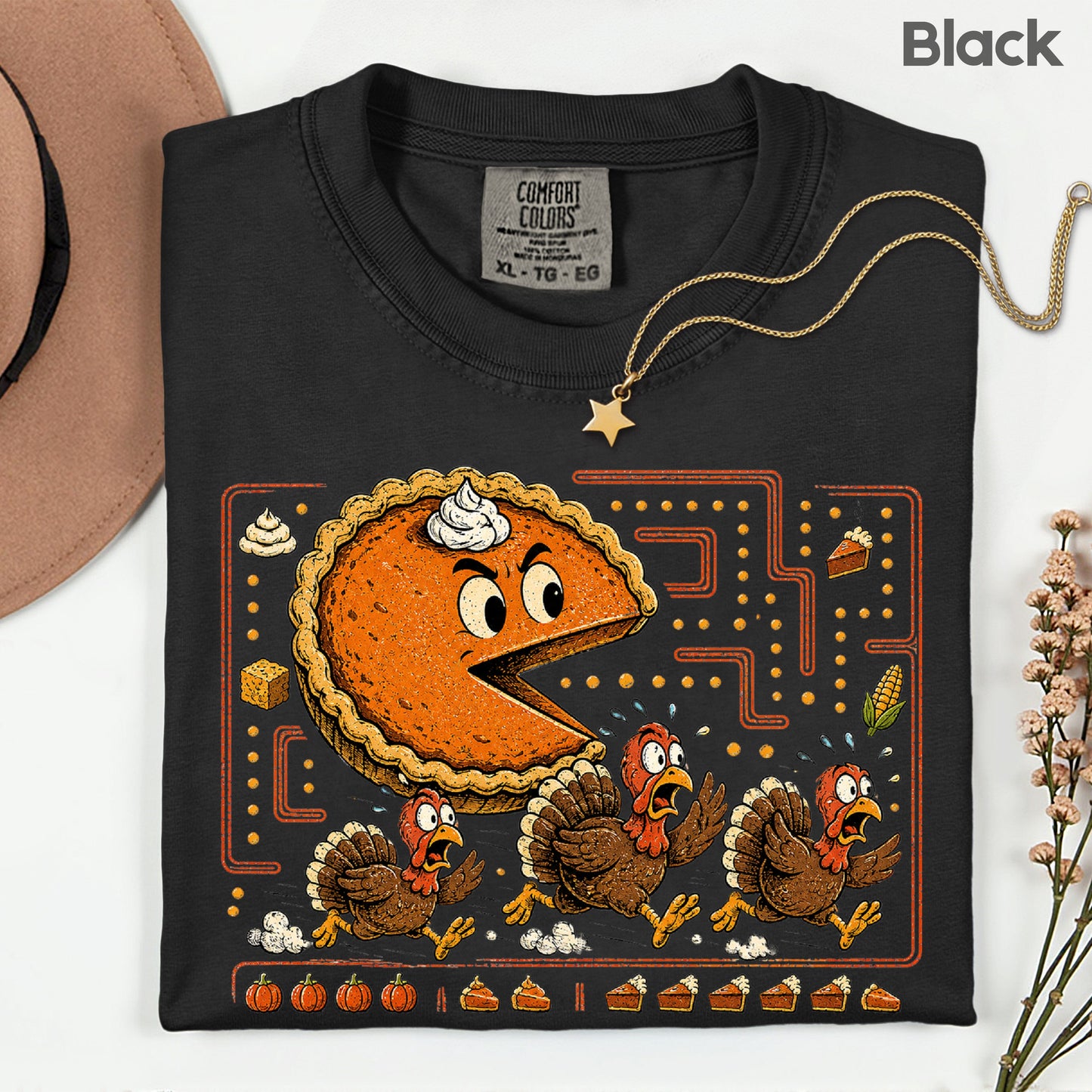 Funny Thanksgiving Pacman Pumpkin Pie T-Shirt, Chasing Turkeys Maze Video Game Tee