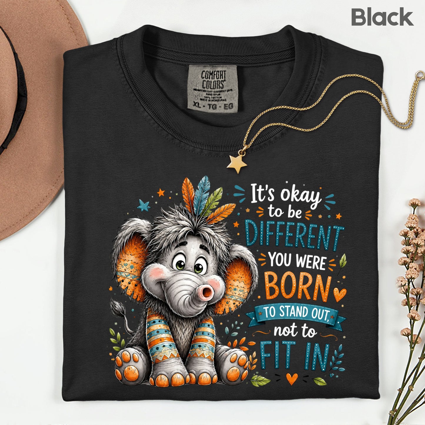 It's Okay to Be Different Elephant T-Shirt, Cute Feathers Stand Out Quote Tee