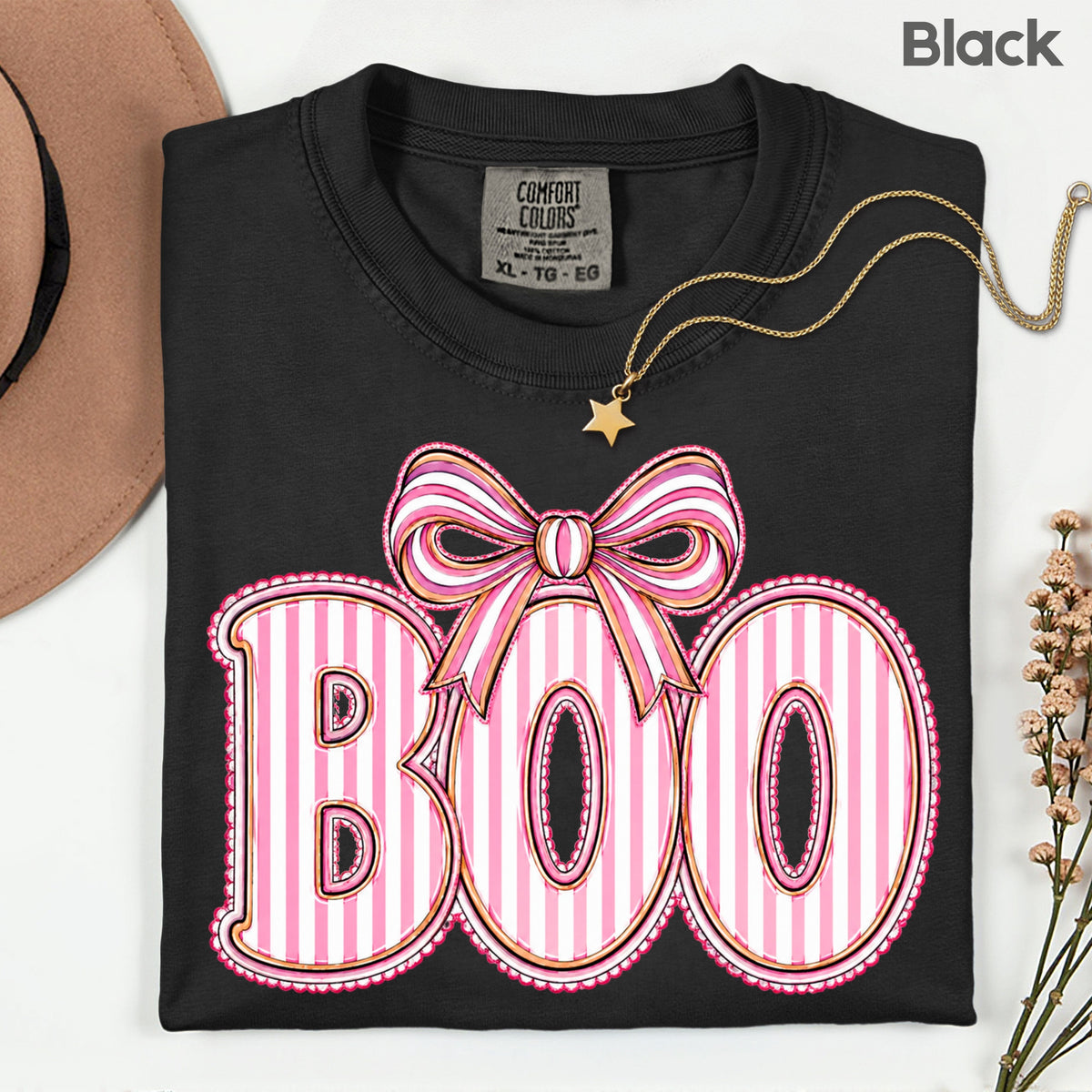 Boo Coquette Pink Bow Halloween T-Shirt, Striped Ribbon Cute Spooky Season Tee