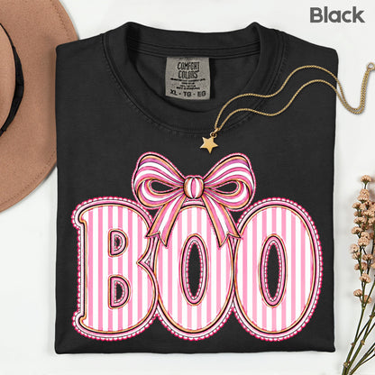 Boo Coquette Pink Bow Halloween T-Shirt, Striped Ribbon Cute Spooky Season Tee
