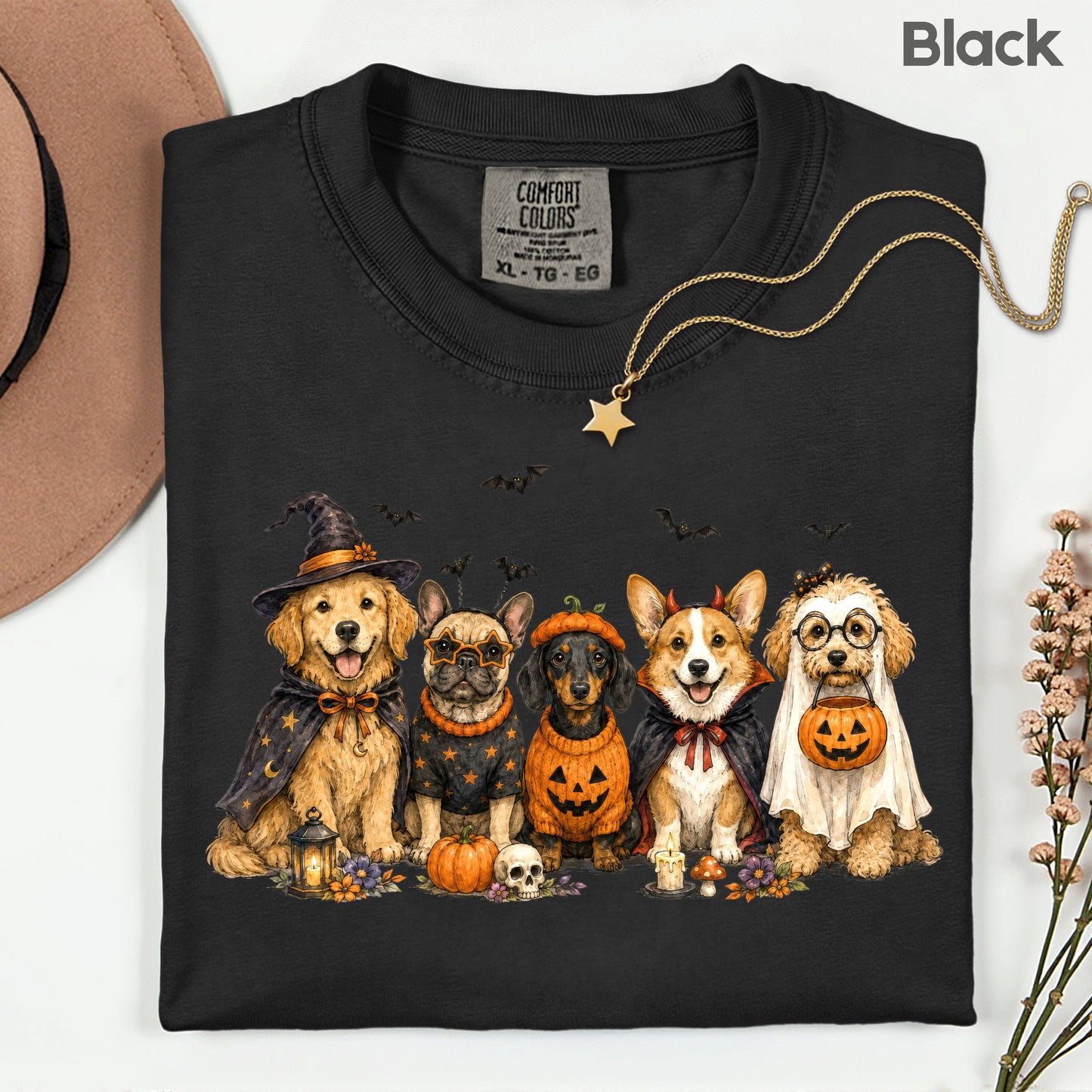 Halloween Dogs Comfort Colors T Shirts Cute Witchy Puppy Pumpkin Tees Spooky Costume Corgi Frenchie Golden Retriever Shirt Autumn Fall Graphic Hoodie