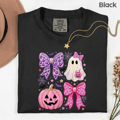Coquette Halloween Ghost Pink Pumpkin Leopard Bow T-Shirt, Spooky Cute Tee