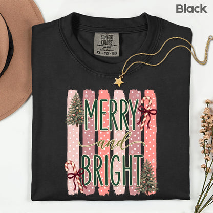 Merry and Bright Comfort Colors T Shirts Cute Christmas Tree Tees Pink Candy Cane Shirt Festive Holiday Winter Graphic Hoodie