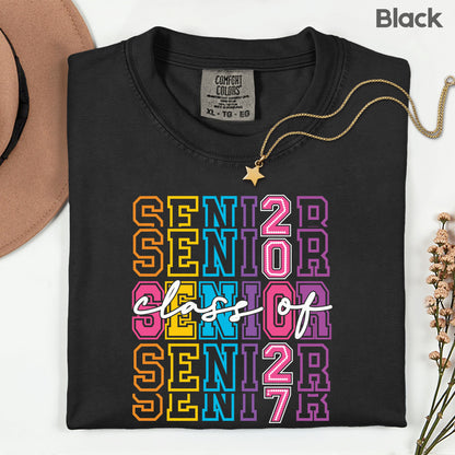 Senior Class of 2027 Colorful Retro T-Shirt, Stacked Varsity Letters Pastel Graduation Tee