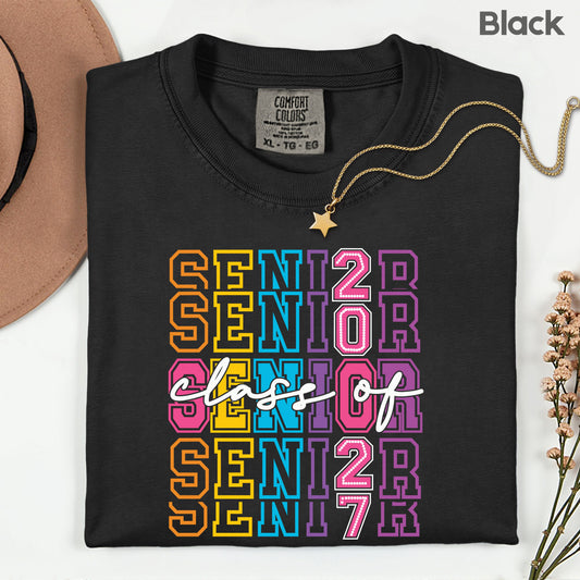 Senior Class of 2027 Colorful Retro T-Shirt, Stacked Varsity Letters Pastel Graduation Tee
