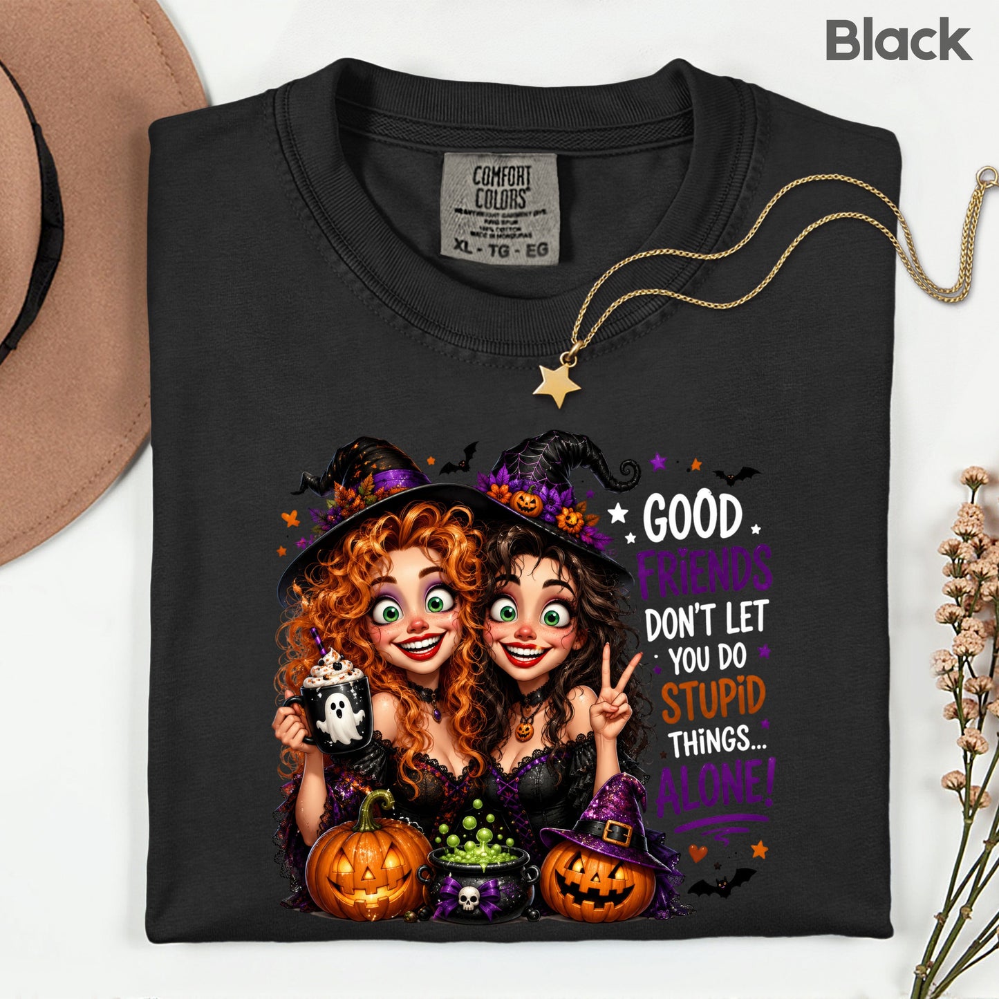 Halloween Witches Best Friends T-Shirt, Funny Spooky Besties Good Friends Tee