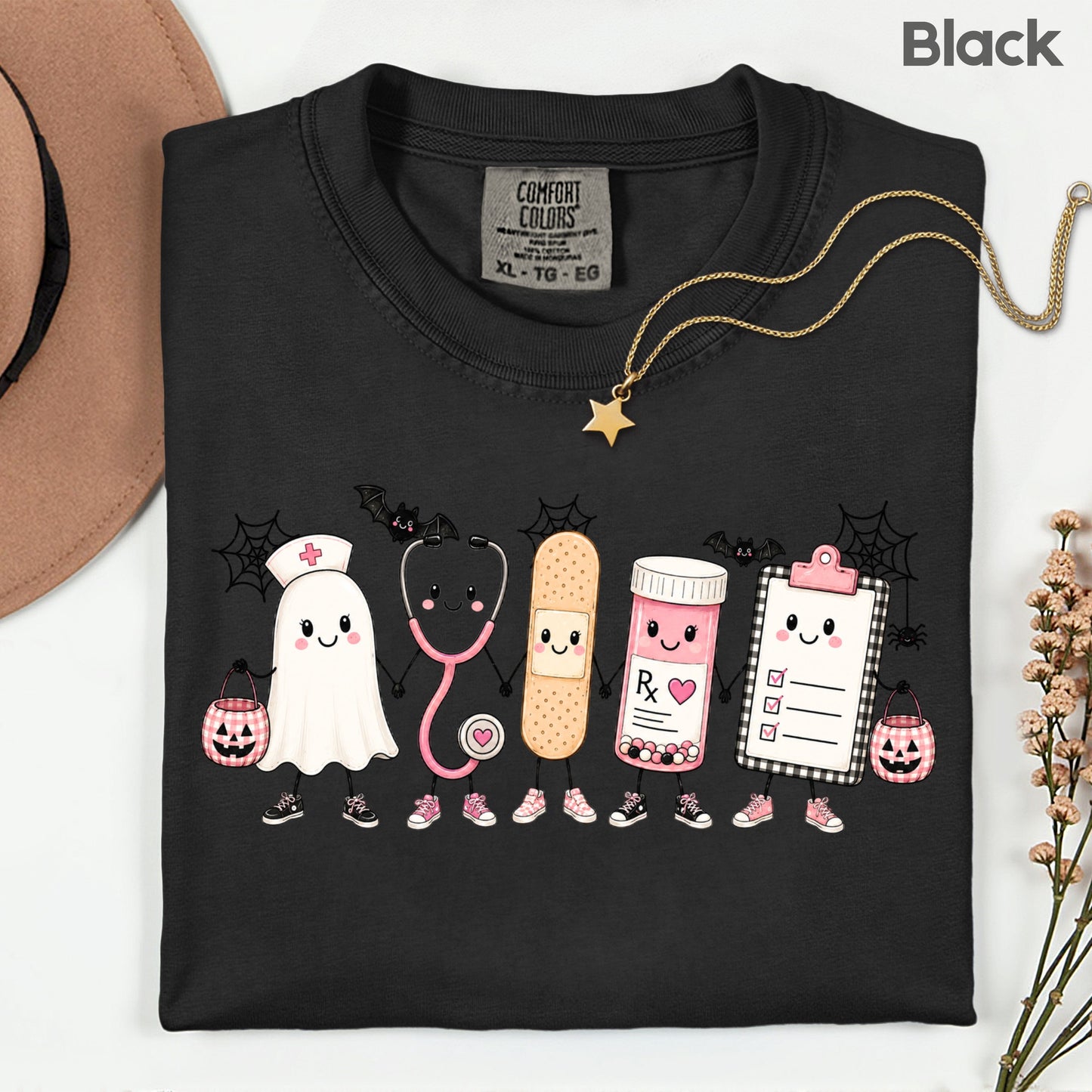 Pink Spooky Nurse Squad Halloween T-Shirt, Ghost Stethoscope Medical Bandage Tee
