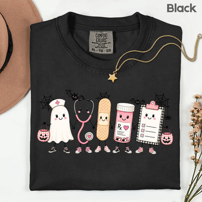 Pink Spooky Nurse Squad Halloween T-Shirt, Ghost Stethoscope Medical Bandage Tee