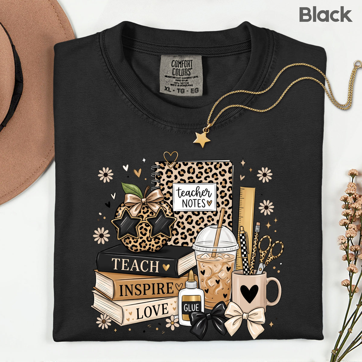 Teach Inspire Love Leopard Teacher T-Shirt, Notebook Coffee Iced Drink Comfort Color Tee