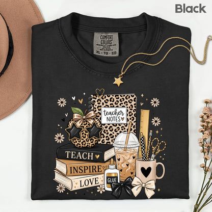 Teach Inspire Love Leopard Teacher T-Shirt, Notebook Coffee Iced Drink Comfort Color Tee
