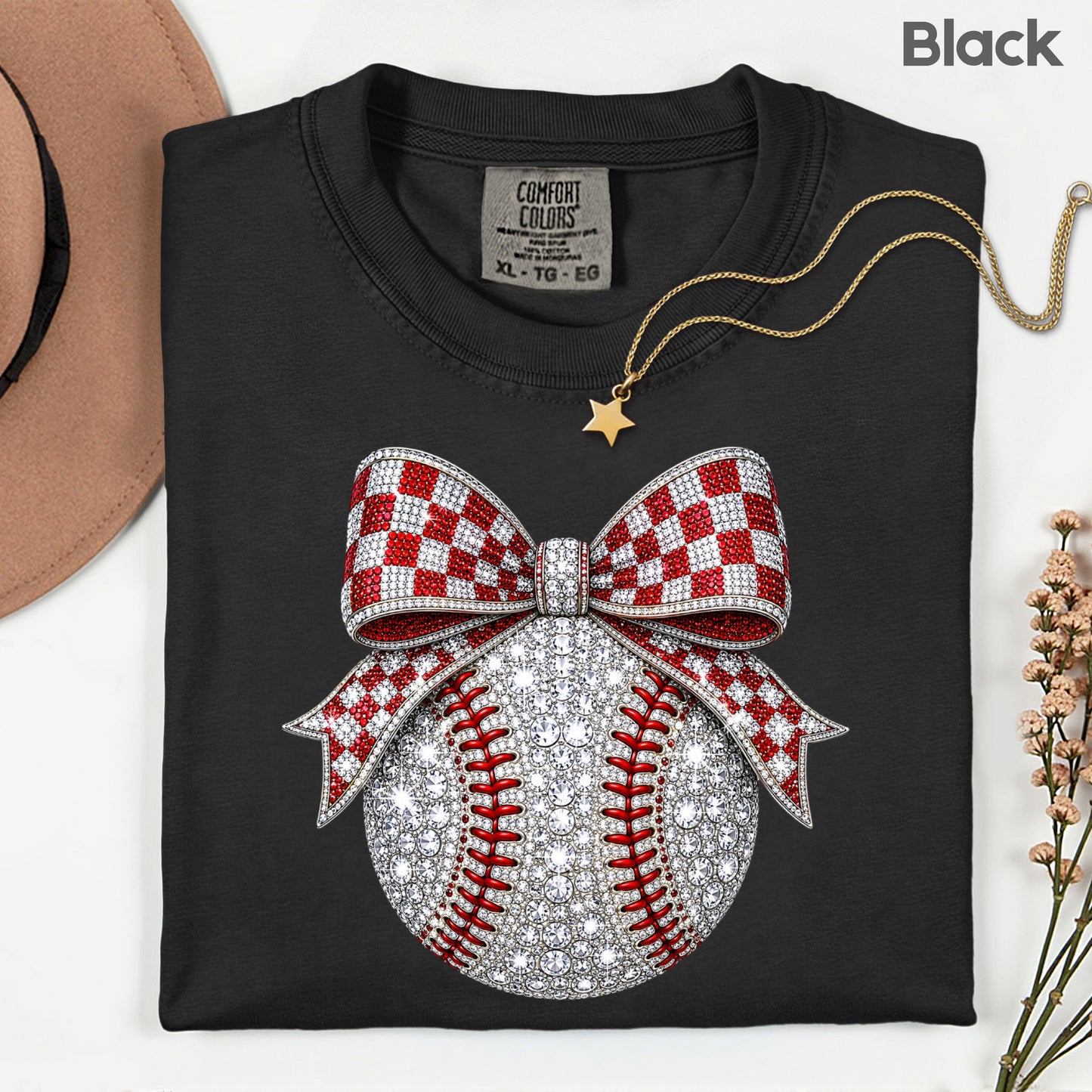 Coquette Baseball Sparkle T-Shirt, Red Checkered Bow Sports Mom Girl Tee