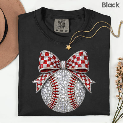 Coquette Baseball Sparkle T-Shirt, Red Checkered Bow Sports Mom Girl Tee