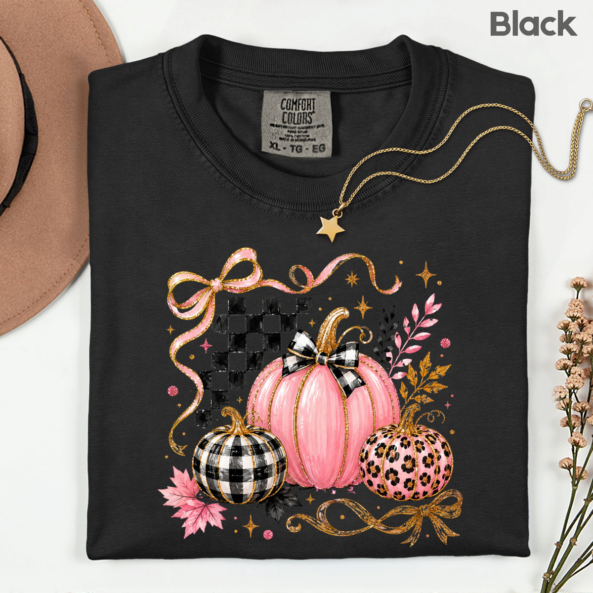 Pink Coquette Fall Pumpkin T-Shirt, Leopard Plaid Ribbon Bow Checkered Autumn Tee