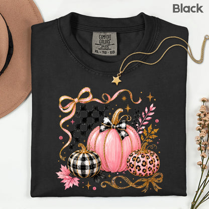 Pink Coquette Fall Pumpkin T-Shirt, Leopard Plaid Ribbon Bow Checkered Autumn Tee
