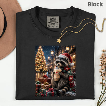 Christmas Raccoon Santa Hat T-Shirt, Coffee Drink Cute Holiday Winter Comfort Color Tee