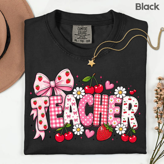 Teacher Coquette Pink T-Shirt, Strawberries Cherries Bow School Educator Tee