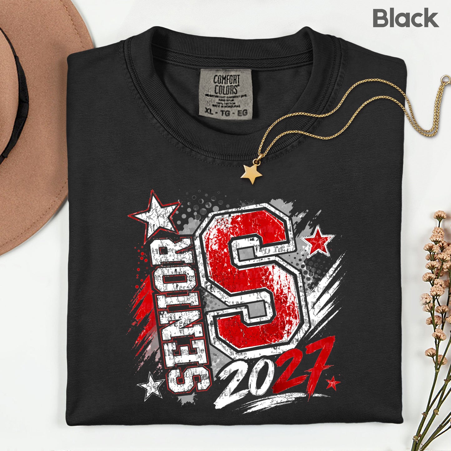 Senior 2027 Class of 2027 T-Shirt, Red Black Distressed Letter Graduation Tee