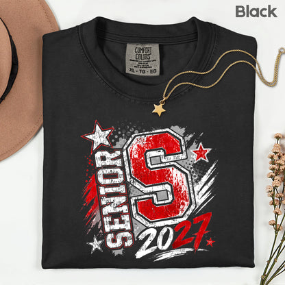Senior 2027 Class of 2027 T-Shirt, Red Black Distressed Letter Graduation Tee