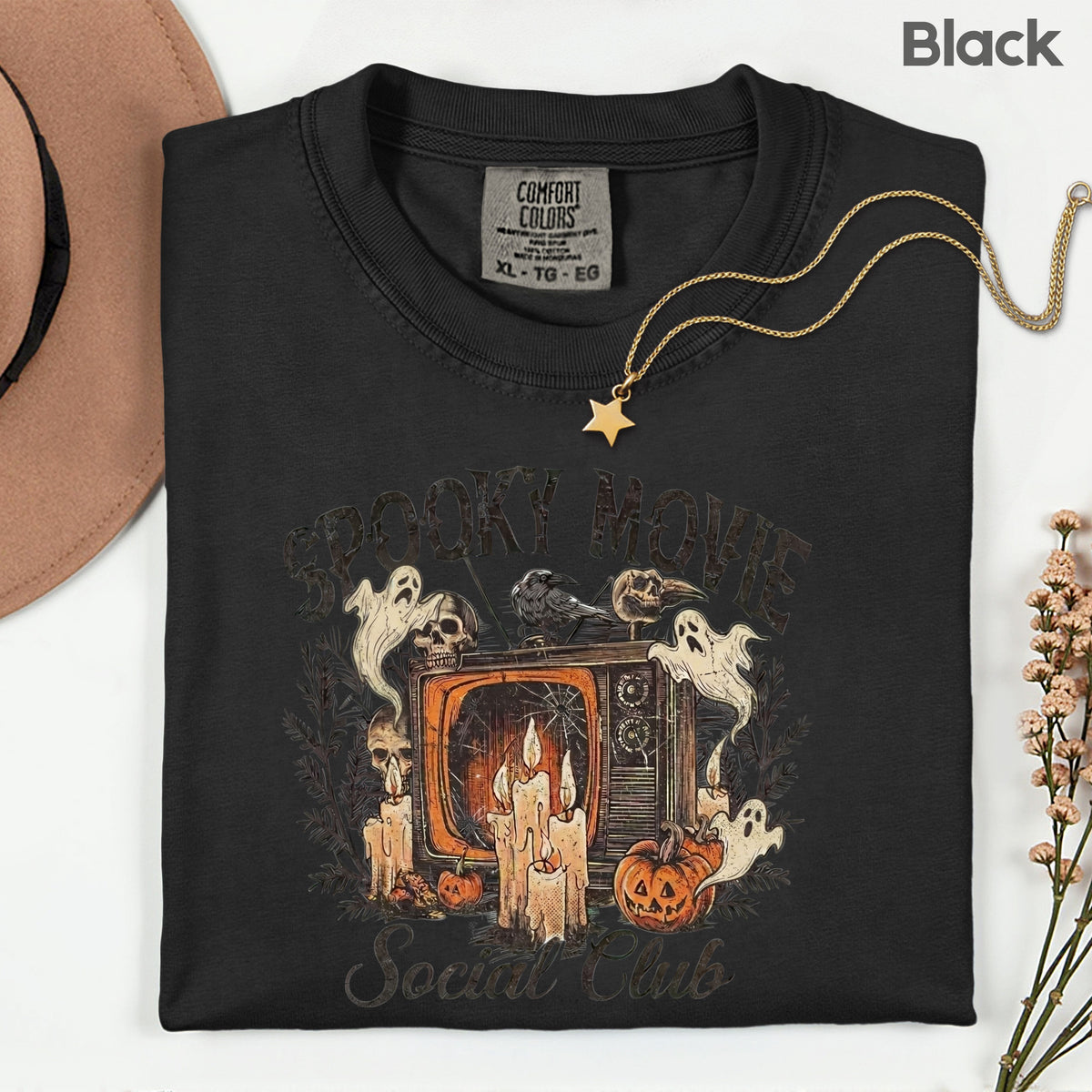 Spooky Movie Social Club Vintage Horror T-Shirt, Ghosts Pumpkin Candles Halloween Tee