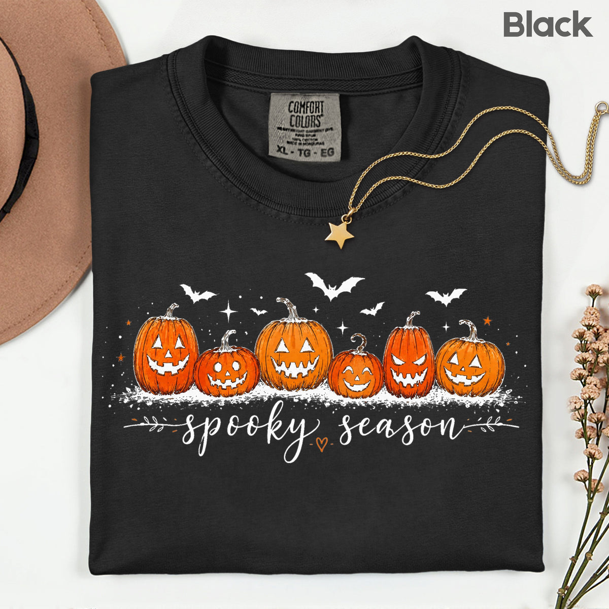Spooky Season Jack O Lantern T-Shirt, Pumpkin Patch Bats Cursive Halloween Tee Sweatshirt
