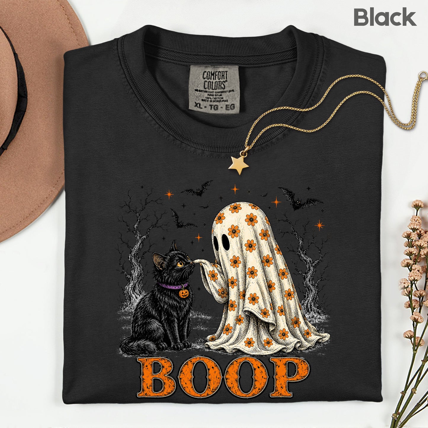Halloween Ghost Boop Black Cat T-Shirt, Spooky Season Ghost Tee