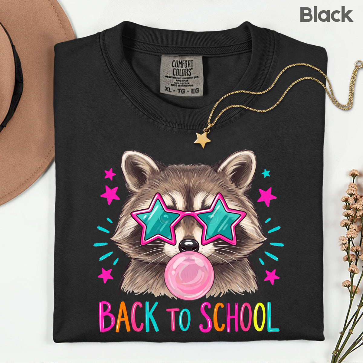 Back to School Raccoon T-Shirt, Star Sunglasses Bubblegum Trash Panda Comfort Color Tee