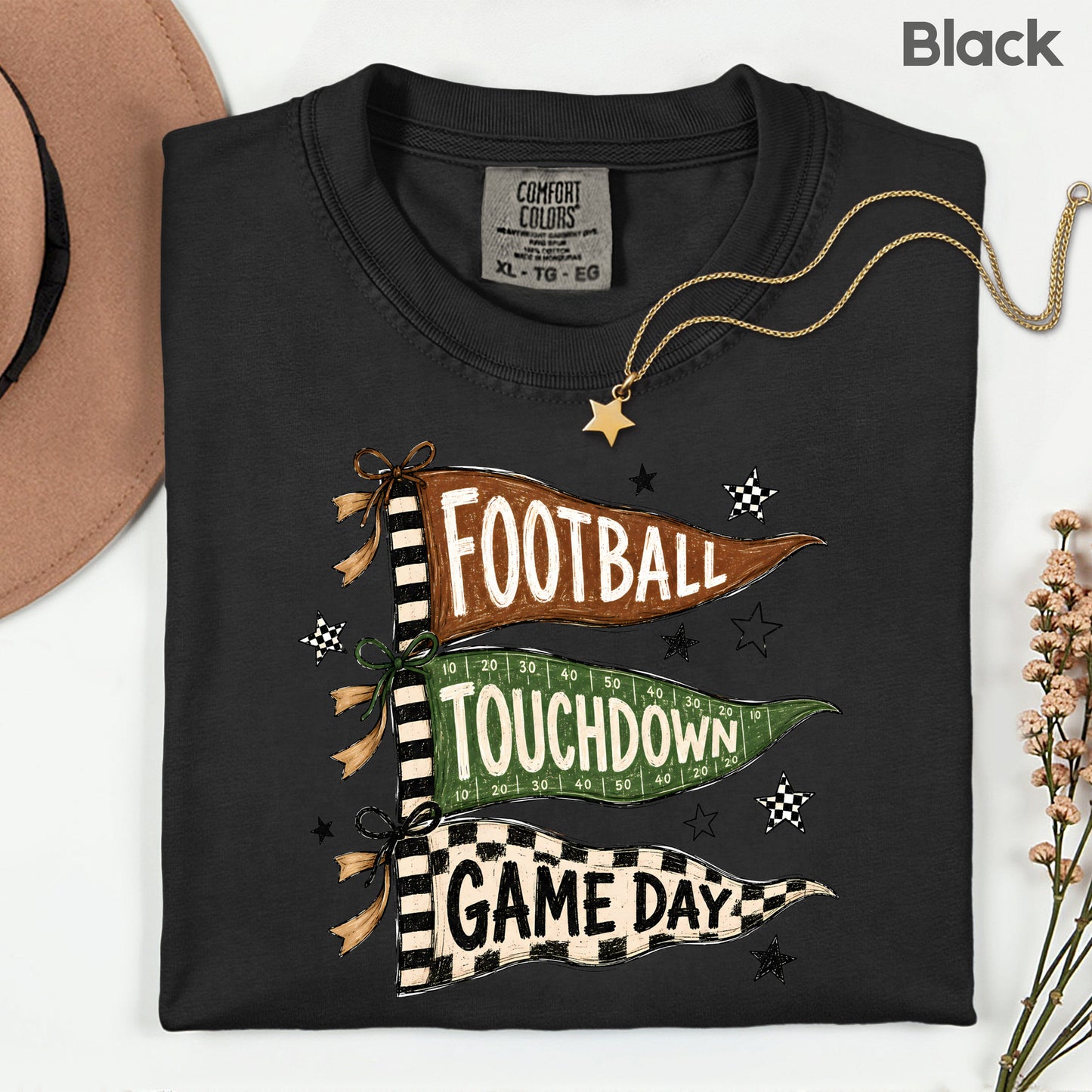 Football Game Day Pennants T-Shirt, Touchdown Flags Stars Sports Comfort Color Tee
