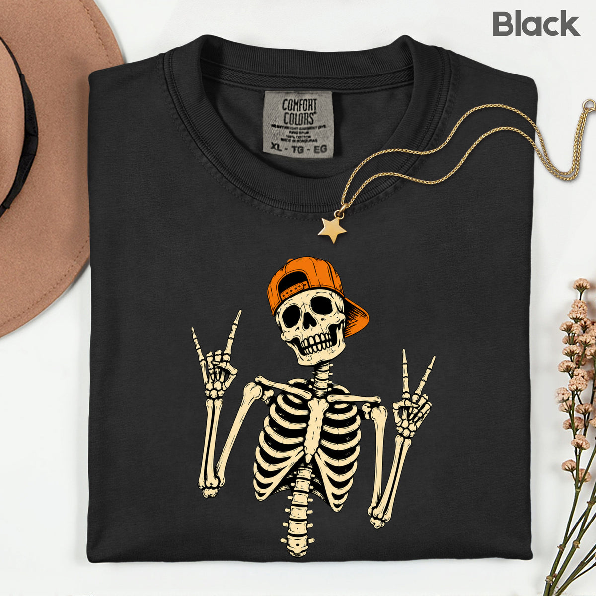 Cool Skeleton Rock On T-Shirt, Peace Sign Halloween Orange Hat Spooky Tee