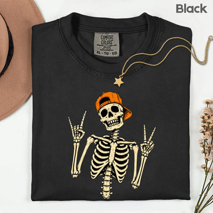 Cool Skeleton Rock On T-Shirt, Peace Sign Halloween Orange Hat Spooky Tee