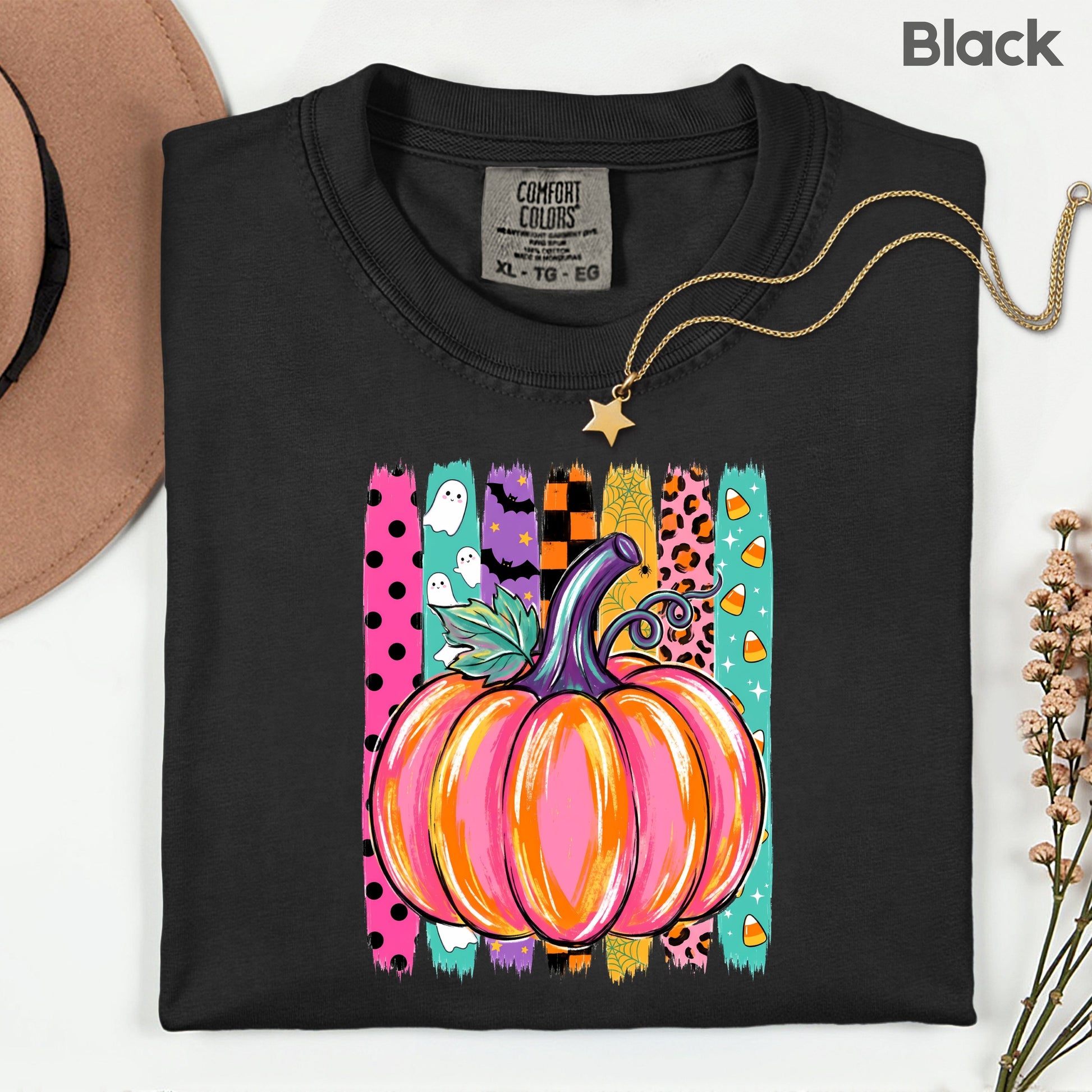 Halloween Pumpkin Brush Strokes Leopard Ghosts Candy Corn T-Shirt, Spooky Season Tee