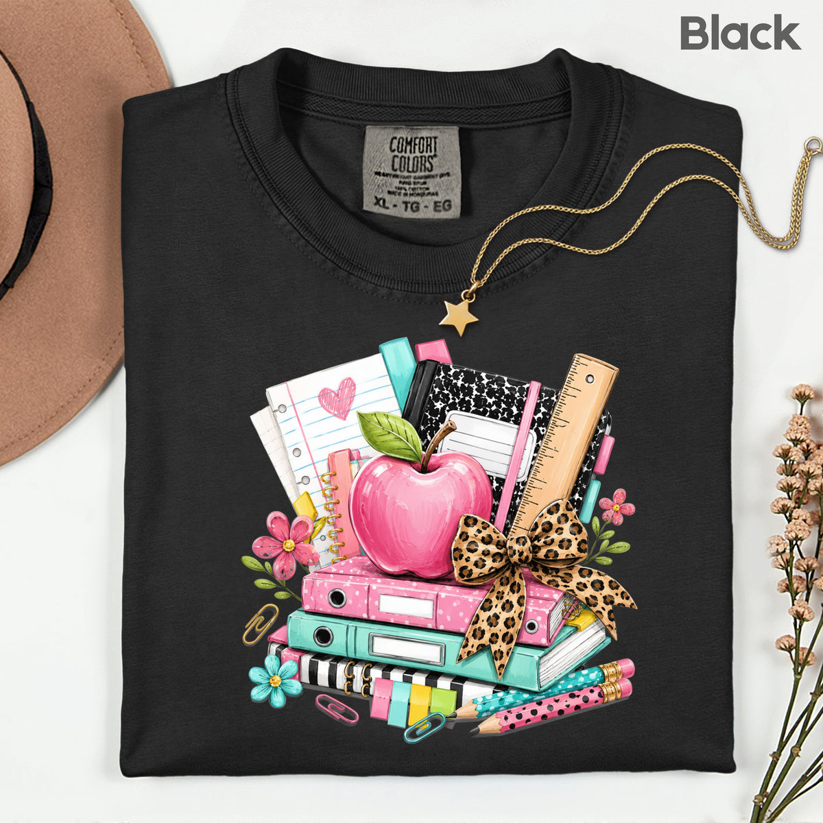 Pink Apple School Supplies T-Shirt, Books Leopard Bow Back to School Teacher Tee