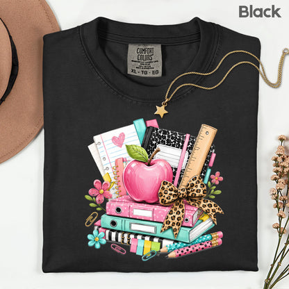 Pink Apple School Supplies T-Shirt, Books Leopard Bow Back to School Teacher Tee