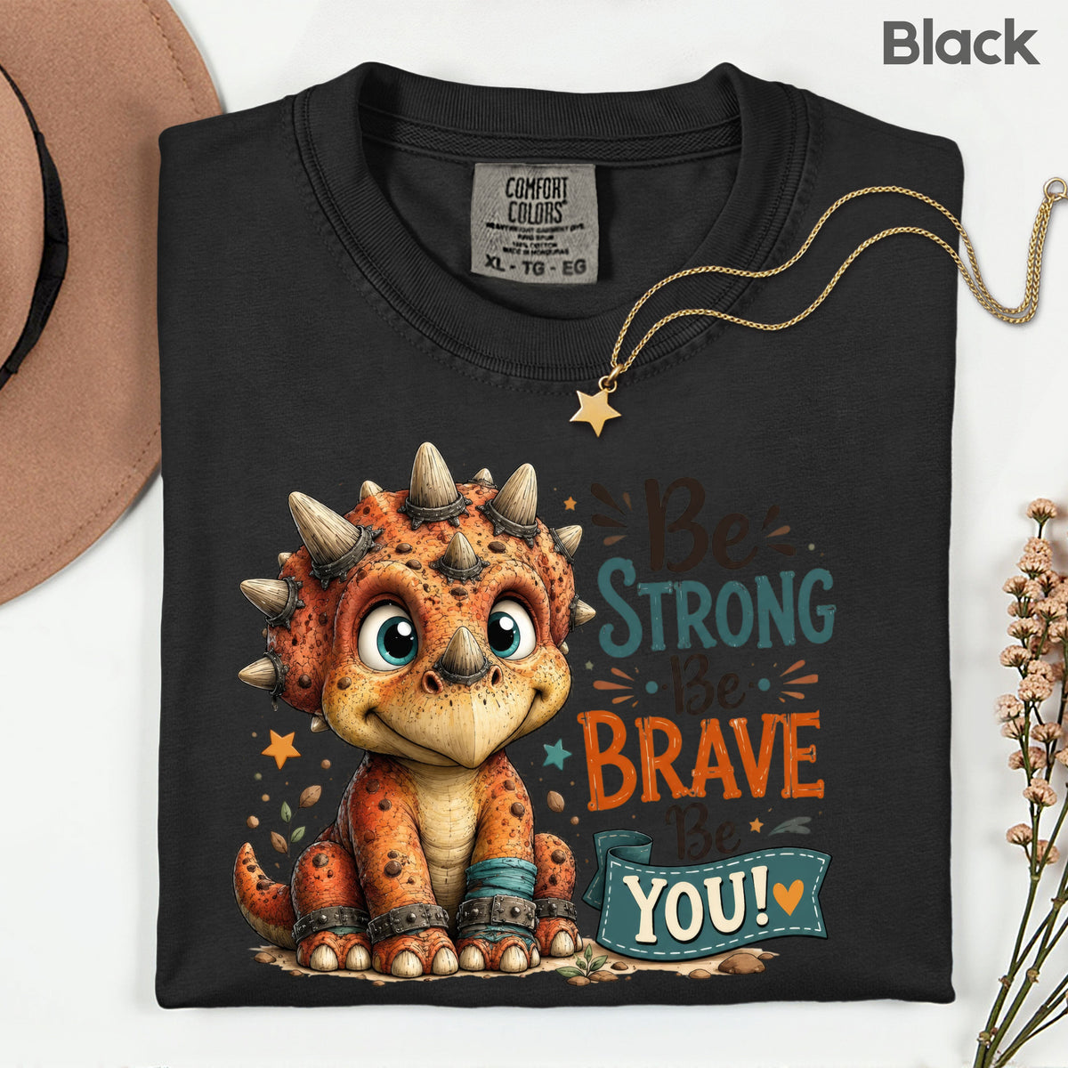 Be Strong Be Brave Be You Dinosaur T-Shirt, Cute Triceratops Kids Tee Stars Sweatshirt