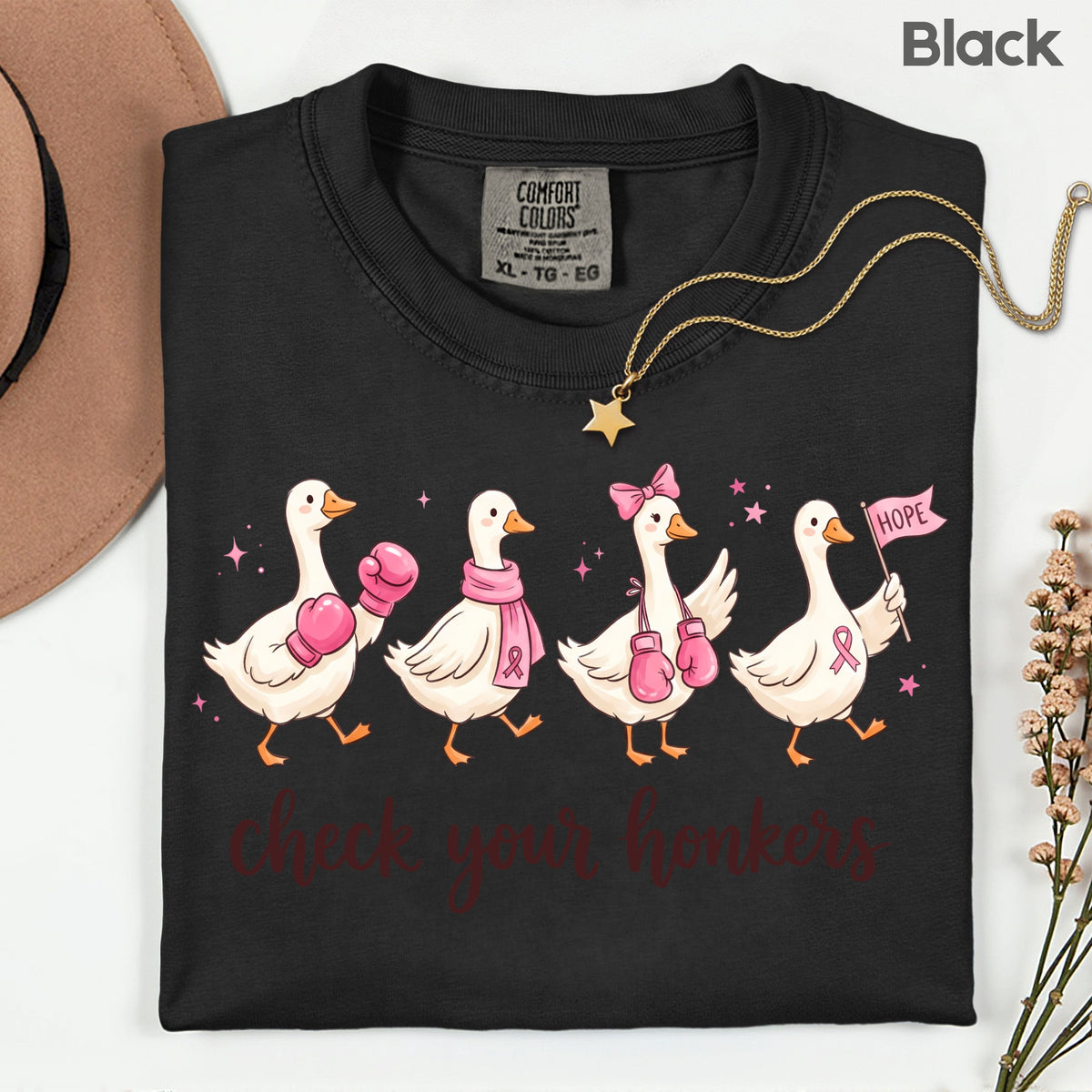 Check Your Honkers Ducks Breast Cancer Awareness T-Shirt, Pink Ribbon Boxing Gloves Geese Tee