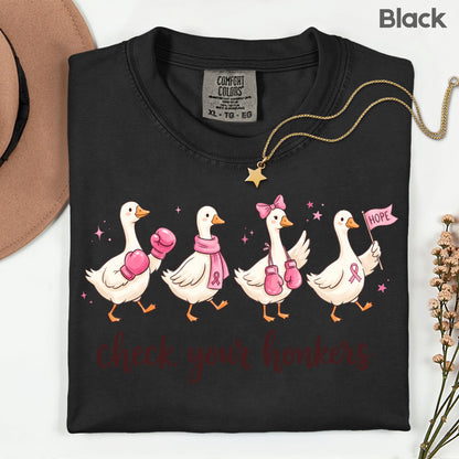 Check Your Honkers Ducks Breast Cancer Awareness T-Shirt, Pink Ribbon Boxing Gloves Geese Tee