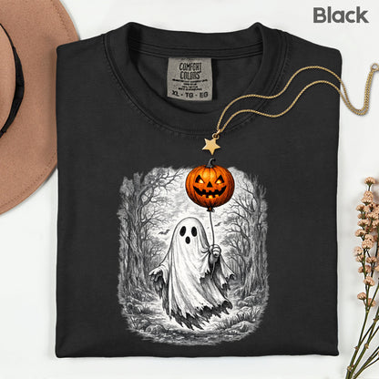 Vintage Halloween Ghost Pumpkin Balloon T-Shirt, Spooky Forest Retro Tee