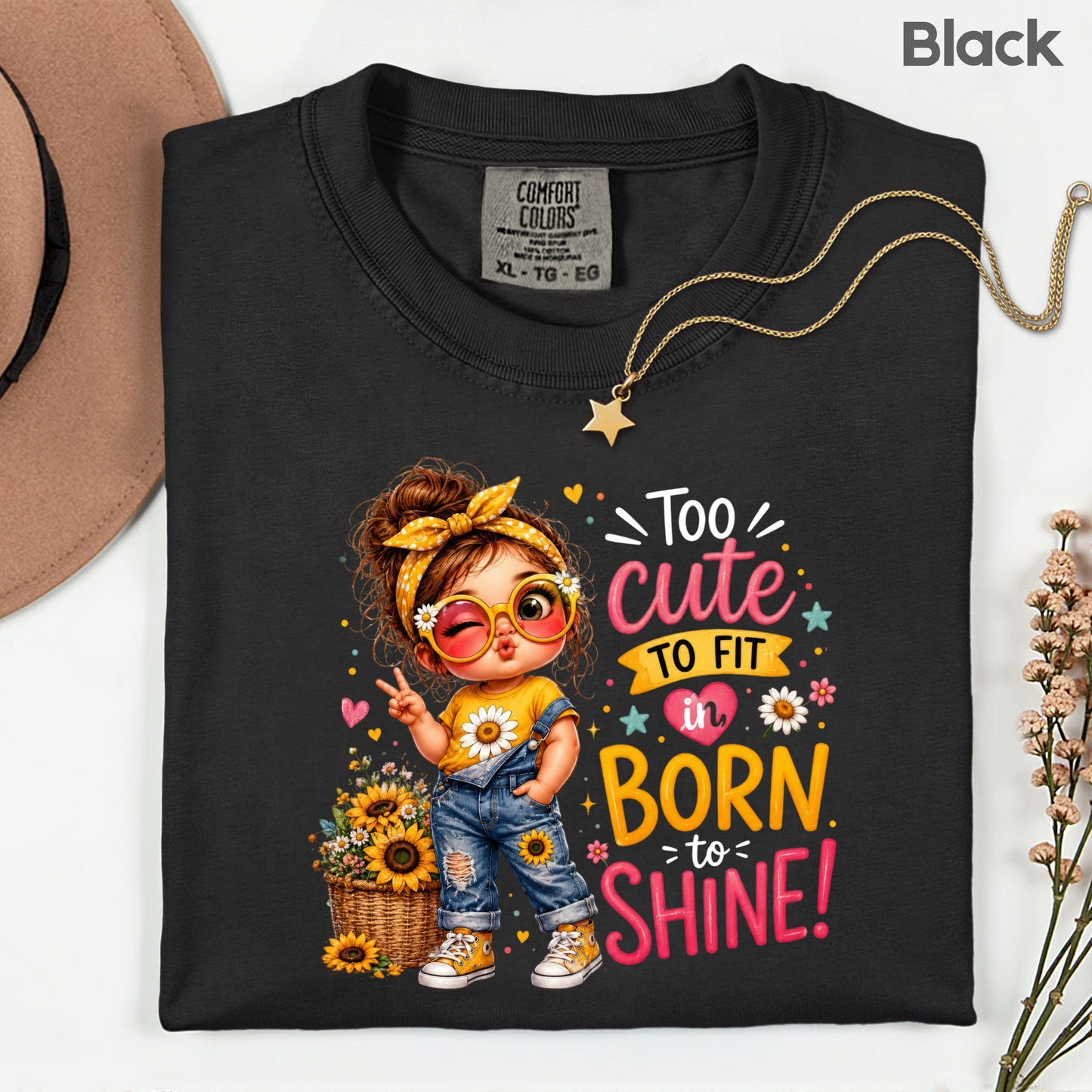 Too Cute to Fit In Born to Shine Little Girl T-Shirt, Sunflower Headband Tee