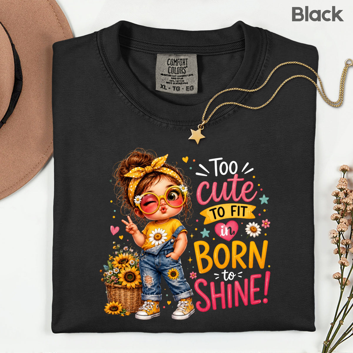 Too Cute to Fit In Born to Shine Little Girl T-Shirt, Sunflower Headband Tee