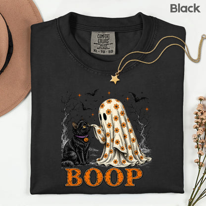 Halloween Cute Ghost Boop Black Cat T-Shirt, Floral Sheet Bats Spooky Season Tee