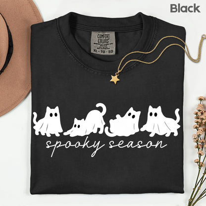 Spooky Season Ghost Cats Halloween T-Shirt, Black Cats Ghost Line Art Minimalist Tee