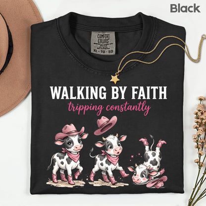Funny Western Cow Walking by Faith T-Shirt, Pink Cowboy Boots Christian Humor Tee