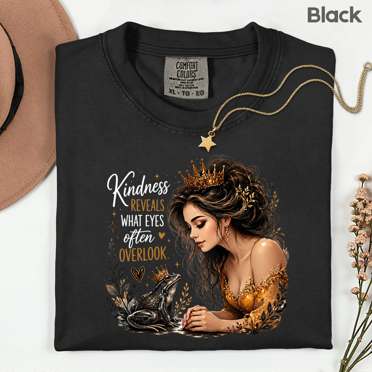 Inspirational Princess Frog Kindness Reveals Crown T-Shirt, Gold Dress Women Quote Tee