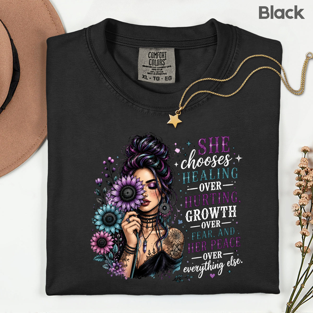 Inspirational Healing Woman She Chooses Healing Over Hurting T-Shirt, Floral Messy Bun Sunflower Tee
