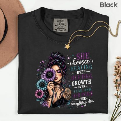 Inspirational Healing Woman She Chooses Healing Over Hurting T-Shirt, Floral Messy Bun Sunflower Tee