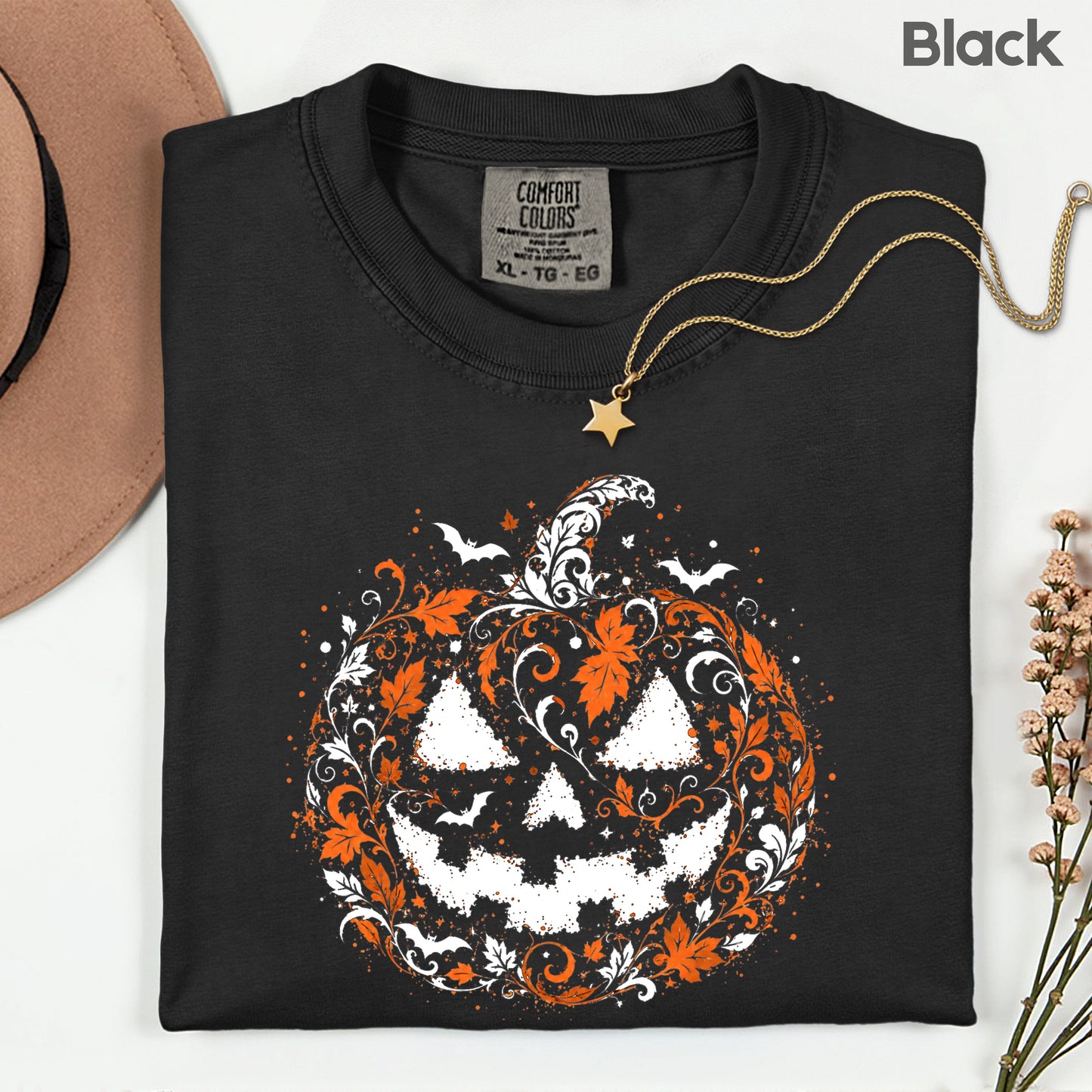 Halloween Pumpkin Face Floral Swirl Gothic T-Shirt, Intricate Spooky Pumpkin Tee