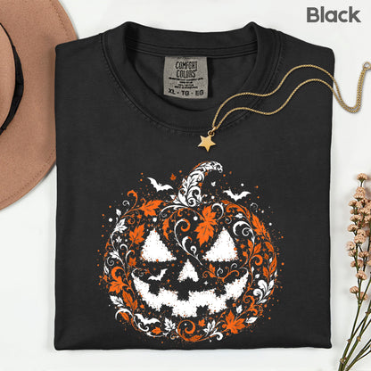Halloween Pumpkin Face Floral Swirl Gothic T-Shirt, Intricate Spooky Pumpkin Tee