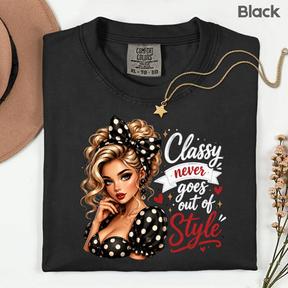 Classy Never Goes Out of Style Pinup Girl T-Shirt, Vintage Polka Dot Bow Tee Sweatshirt