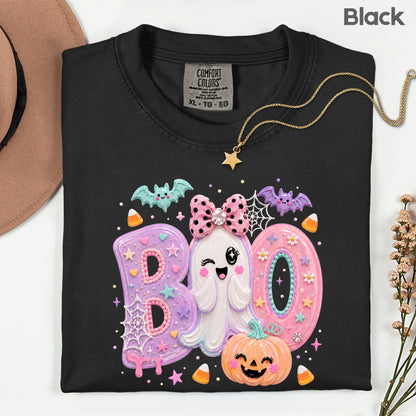 Pastel Cute Ghost Halloween Boo T-Shirt, Pink Purple Bow Pumpkin Candy Corn Girls Tee