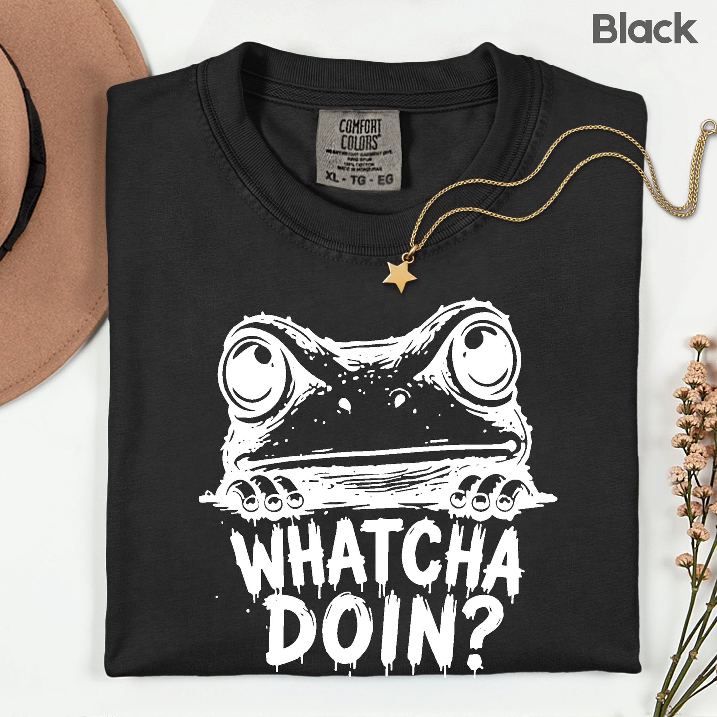 Whatcha Doin Frog Funny Peeking T-Shirt, Black White Cute Frog Tee