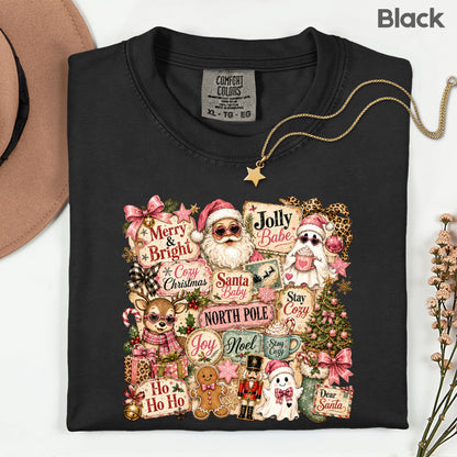 Cozy Pink Christmas Collage T-Shirt, Santa Reindeer Gingerbread Nutcracker North Pole Holiday Tee